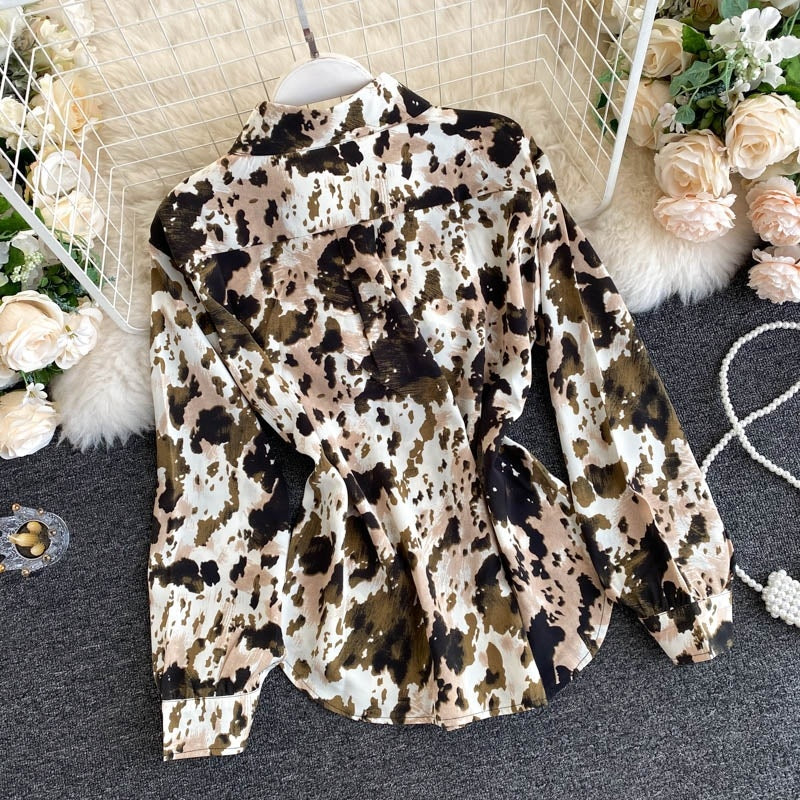 Elegant Office Tops Turn-Down Collar Street Wear Print Blouse Mssza
