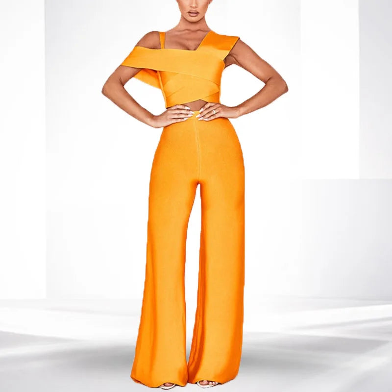 Elegant One Shoulder Bodycon Bandage Overalls Two Piece Sets Rompers Jumpsuit Mssza