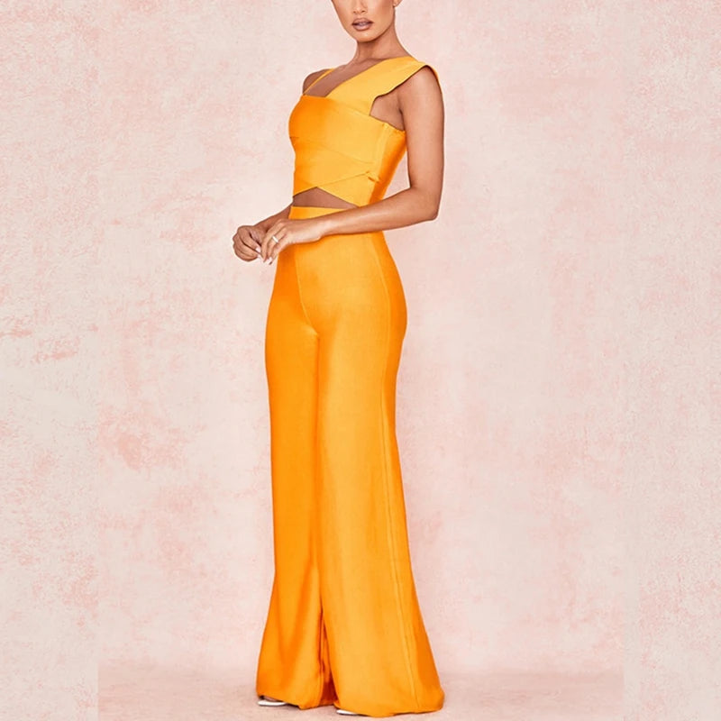 Elegant One Shoulder Bodycon Bandage Overalls Two Piece Sets Rompers Jumpsuit Mssza