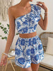 Elegant One Shoulder Flower Printed Short Tops And Shorts Two-Piece Set Mssza