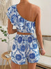 Elegant One Shoulder Flower Printed Short Tops And Shorts Two-Piece Set Mssza