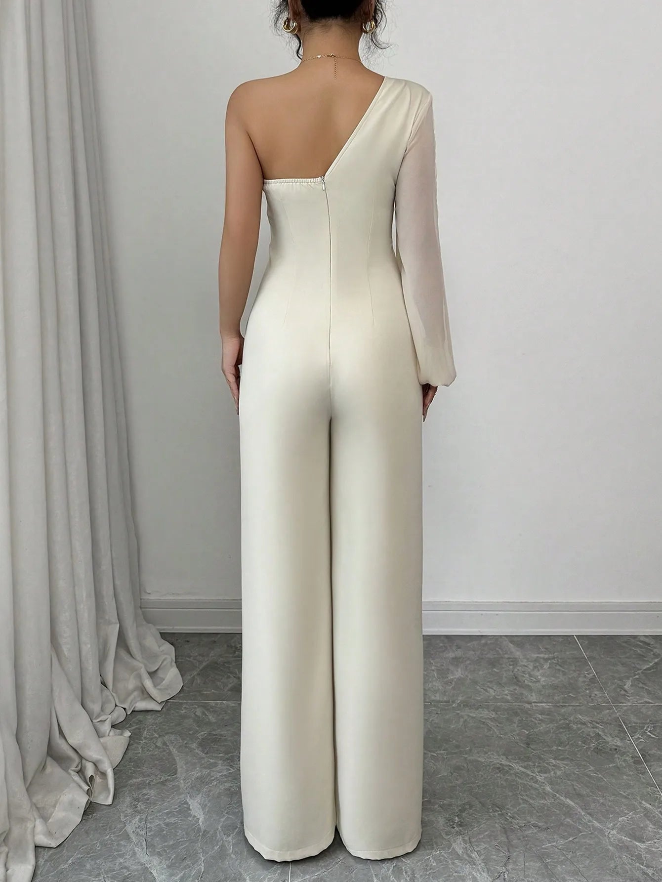 Elegant One Shoulder Single Long Sleeved Chiffon Half Strapless Jumpsuit Mssza