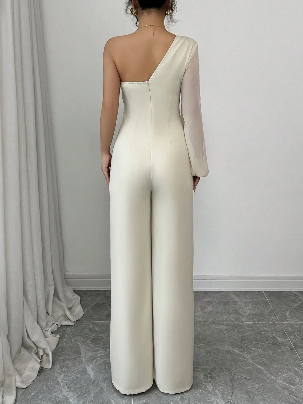 Elegant One Shoulder Single Long Sleeved Chiffon Half Strapless Jumpsuit Mssza