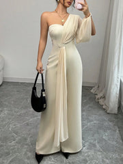 Elegant One Shoulder Single Long Sleeved Chiffon Half Strapless Jumpsuit Mssza