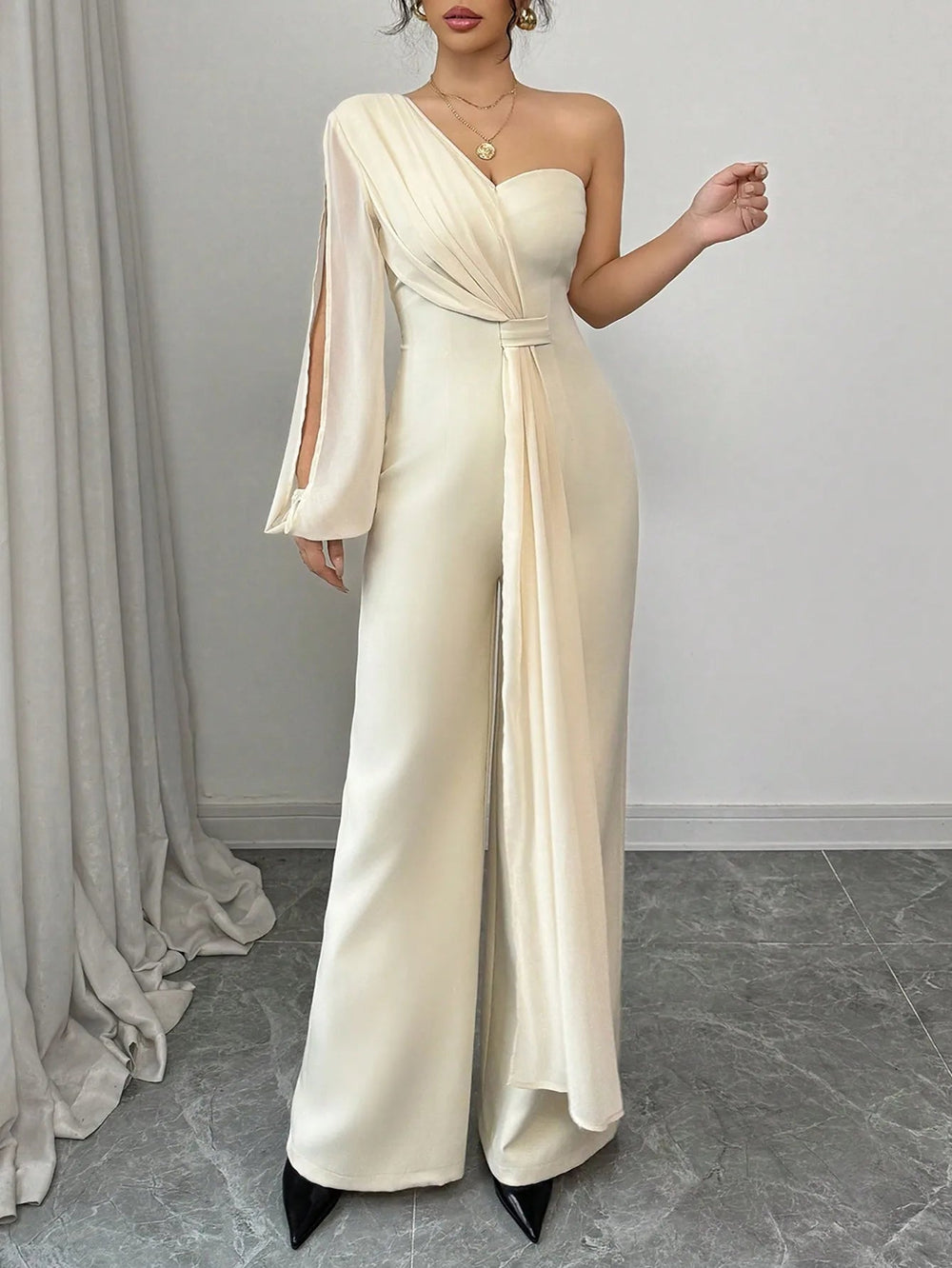 Elegant One Shoulder Single Long Sleeved Chiffon Half Strapless Jumpsuit Mssza