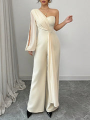 Elegant One Shoulder Single Long Sleeved Chiffon Half Strapless Jumpsuit Mssza