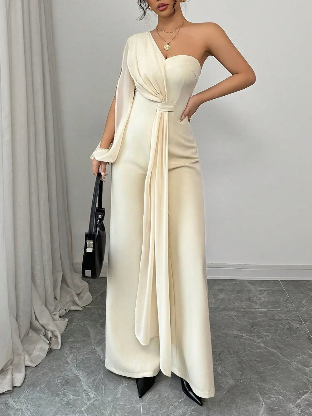 Elegant One Shoulder Single Long Sleeved Chiffon Half Strapless Jumpsuit Mssza