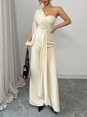 Elegant One Shoulder Single Long Sleeved Chiffon Half Strapless Jumpsuit Mssza