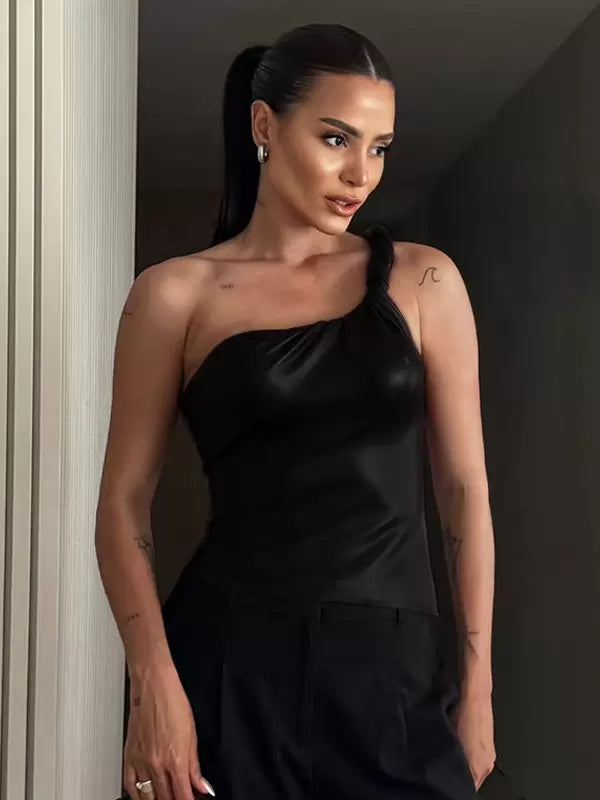 Elegant One-Shoulder Sleeveless PU Leather Daily Casual Camis Top Mssza