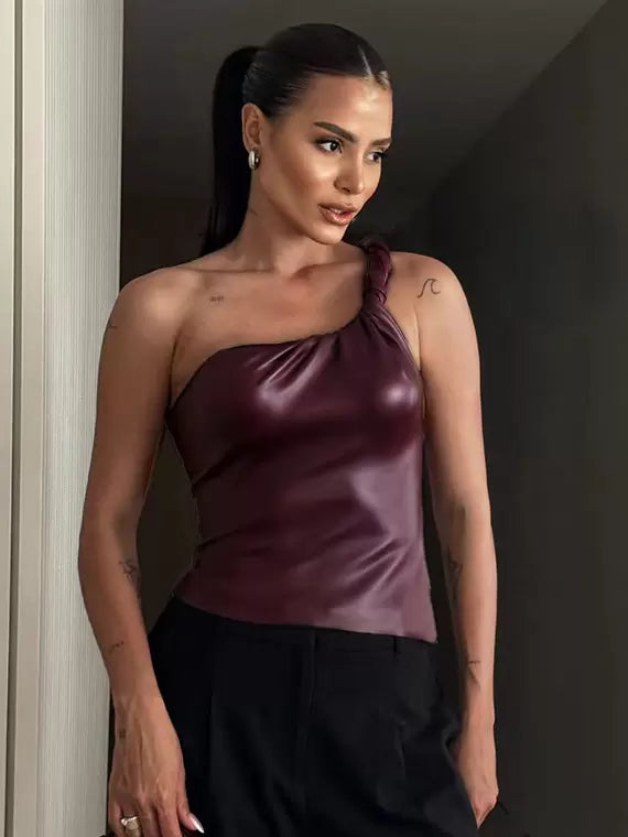 Elegant One-Shoulder Sleeveless PU Leather Daily Casual Camis Top Mssza