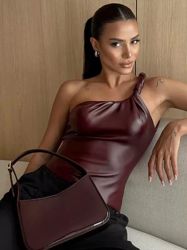 Elegant One-Shoulder Sleeveless PU Leather Daily Casual Camis Top Mssza