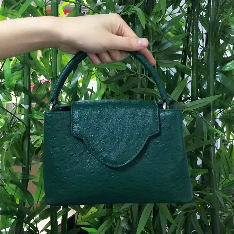 Elegant Open Pocket Ostrich Leather Pouch Tote Travel Handbag Mssza