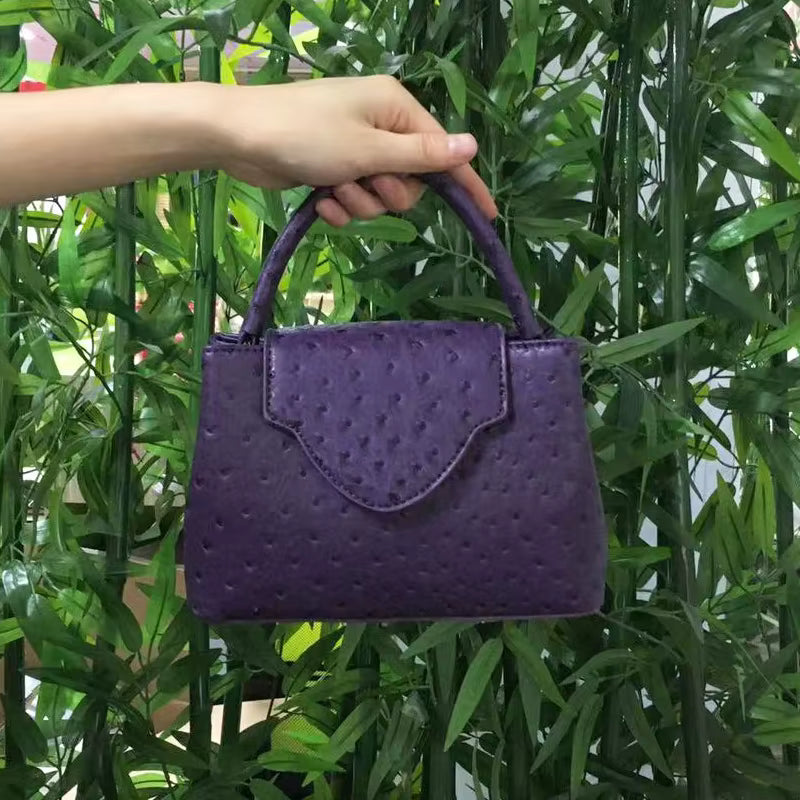 Elegant Open Pocket Ostrich Leather Pouch Tote Travel Handbag Mssza