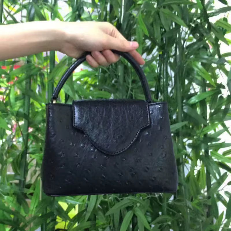 Elegant Open Pocket Ostrich Leather Pouch Tote Travel Handbag Mssza