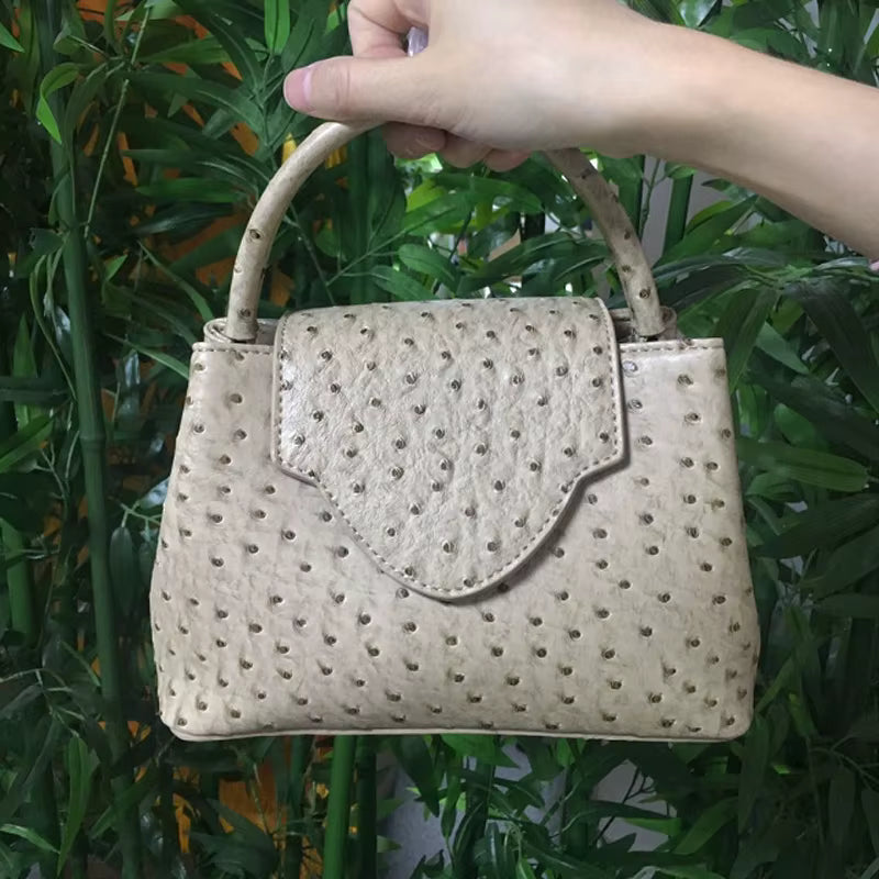 Elegant Open Pocket Ostrich Leather Pouch Tote Travel Handbag Mssza