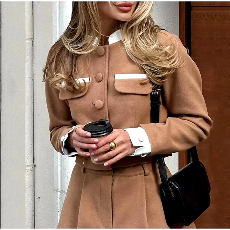 Elegant Patchwork Jacket High Waist Shorts Two Pieces Set Mssza