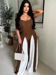 Elegant Patchwork Knitted Wide Pants Night Clubwear Sweater Jumpsuits Romper Mssza