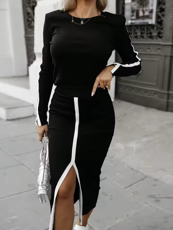 Elegant Patchwork O-Neck Top Maxi Dress Two Pieces Sets Mssza