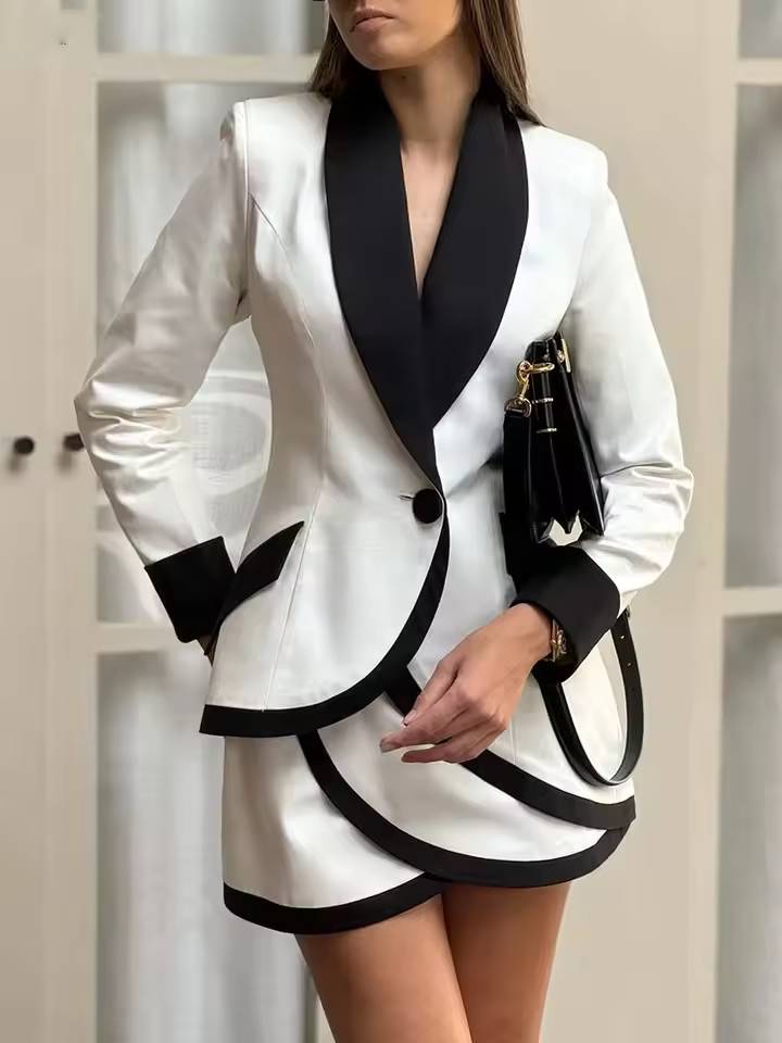 Elegant Patchwork Single Button Pockets Shirts And Mini Skirts 2 Piece Set Mssza