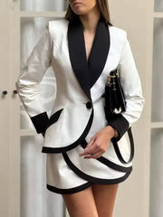 Elegant Patchwork Single Button Pockets Shirts And Mini Skirts 2 Piece Set Mssza