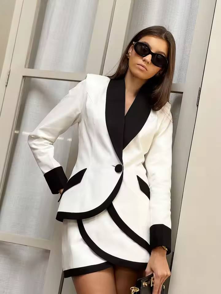 Elegant Patchwork Single Button Pockets Shirts And Mini Skirts 2 Piece Set Mssza