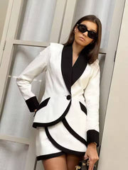 Elegant Patchwork Single Button Pockets Shirts And Mini Skirts 2 Piece Set Mssza