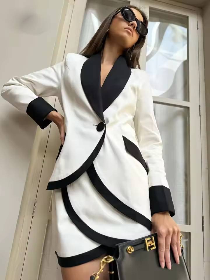 Elegant Patchwork Single Button Pockets Shirts And Mini Skirts 2 Piece Set Mssza