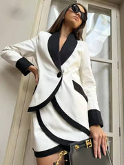 Elegant Patchwork Single Button Pockets Shirts And Mini Skirts 2 Piece Set Mssza