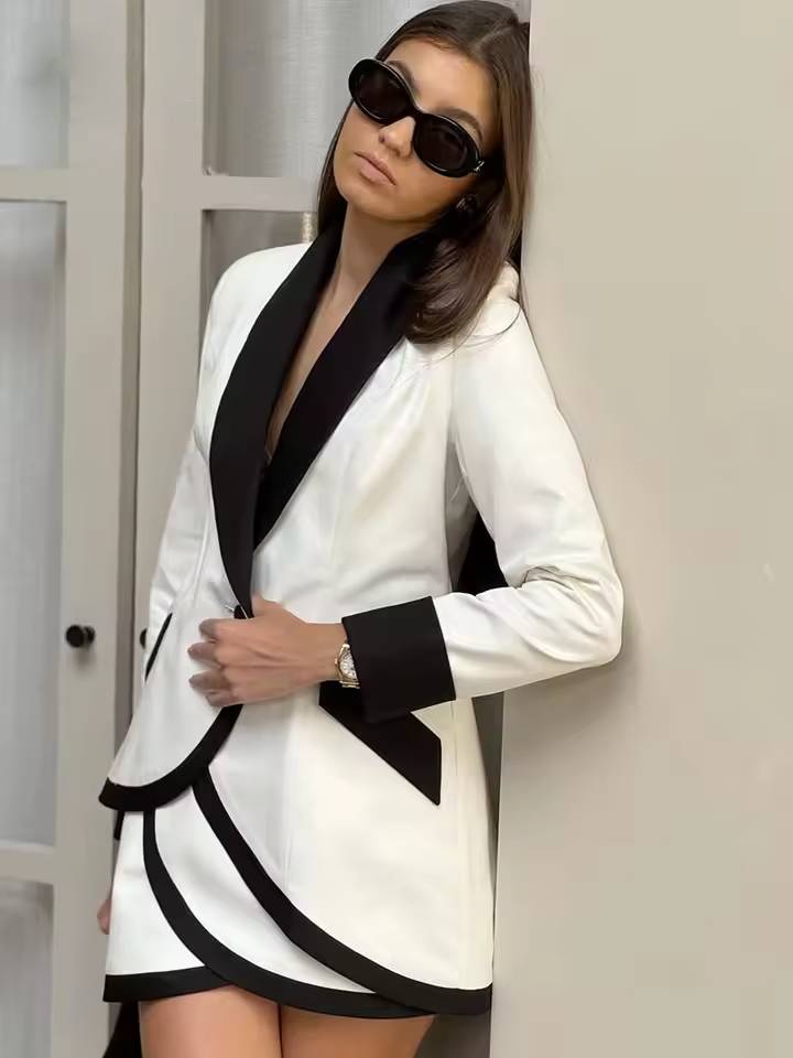 Elegant Patchwork Single Button Pockets Shirts And Mini Skirts 2 Piece Set Mssza
