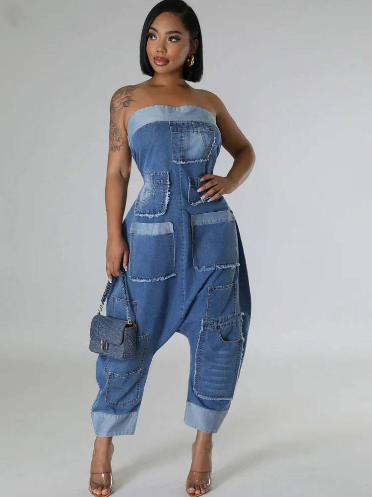 Elegant Patchwork Strapless Bomb Jean Night Club Jumpsuits Mssza