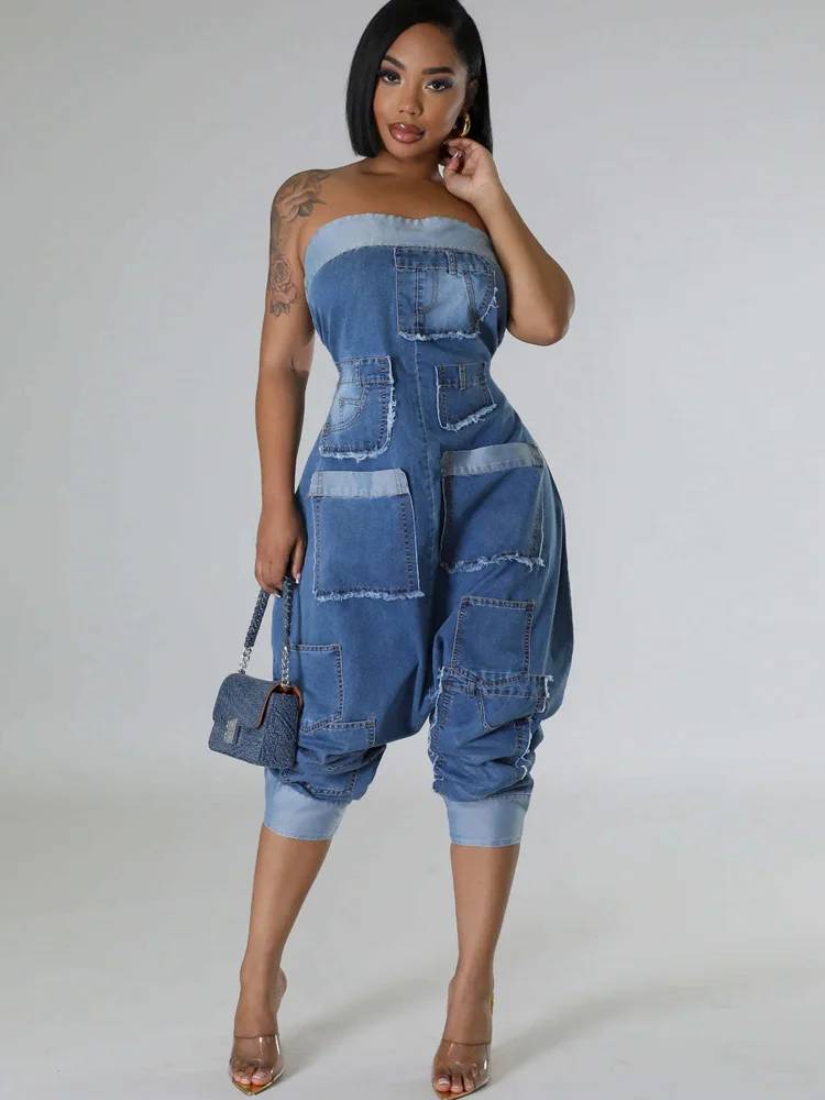 Elegant Patchwork Strapless Bomb Jean Night Club Jumpsuits Mssza