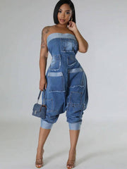 Elegant Patchwork Strapless Bomb Jean Night Club Jumpsuits Mssza
