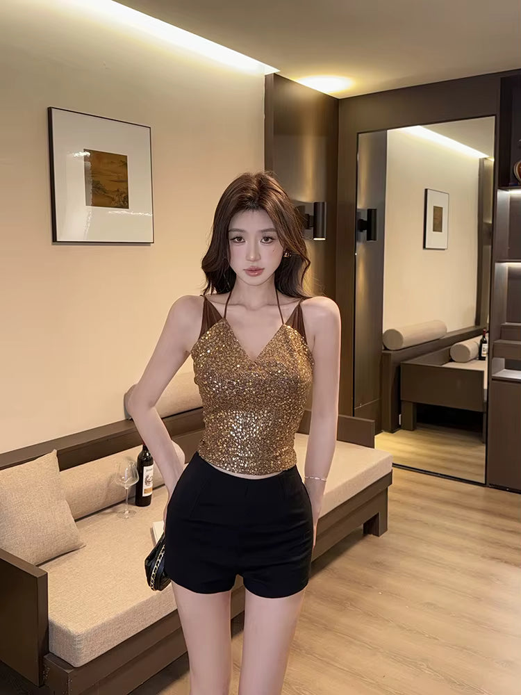 Elegant Patchwork V-Neck Short Sequin Sling Chic Basic Tee Camis Tops Mssza