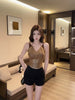 Elegant Patchwork V-Neck Short Sequin Sling Chic Basic Tee Camis Tops Mssza
