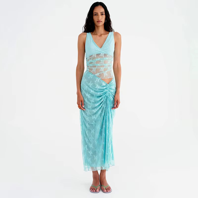 Elegant Patchwork V-neck Top Lace Long Skirt Two Piece Sets Mssza