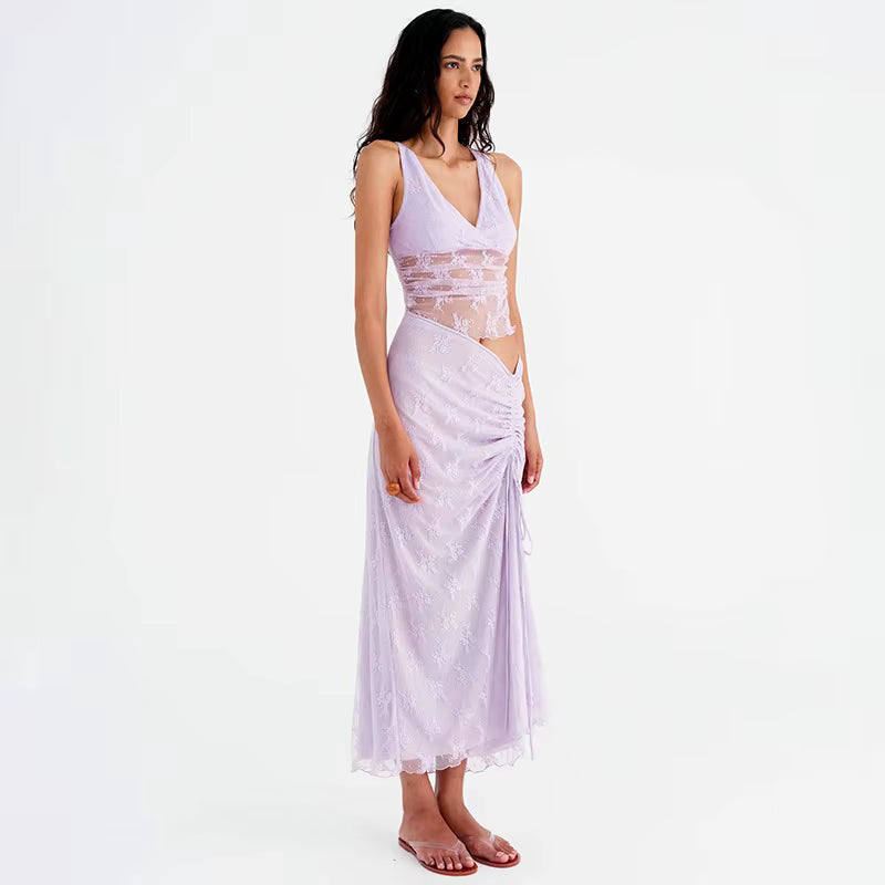 Elegant Patchwork V-neck Top Lace Long Skirt Two Piece Sets Mssza