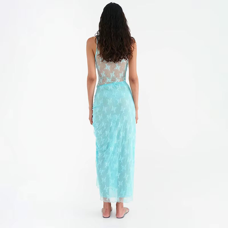 Elegant Patchwork V-neck Top Lace Long Skirt Two Piece Sets Mssza