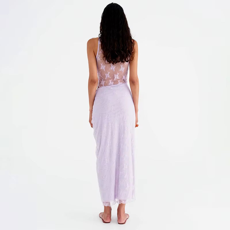 Elegant Patchwork V-neck Top Lace Long Skirt Two Piece Sets Mssza