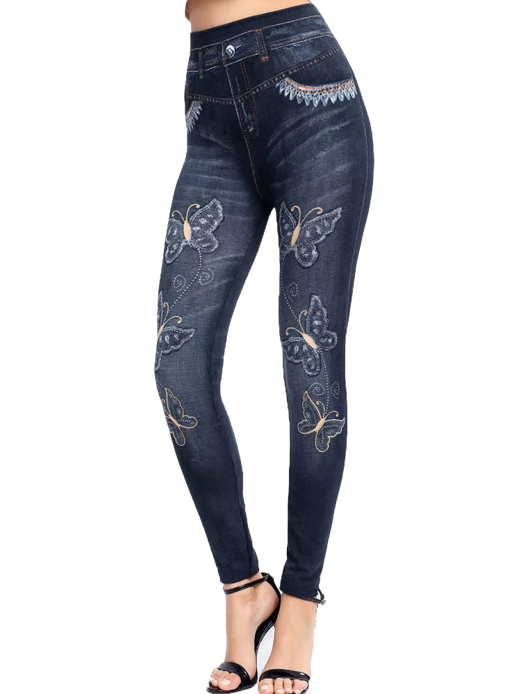 Elegant Pencil Faux Denim High Waist Elastic Butterfly Pritned Leggins Mssza