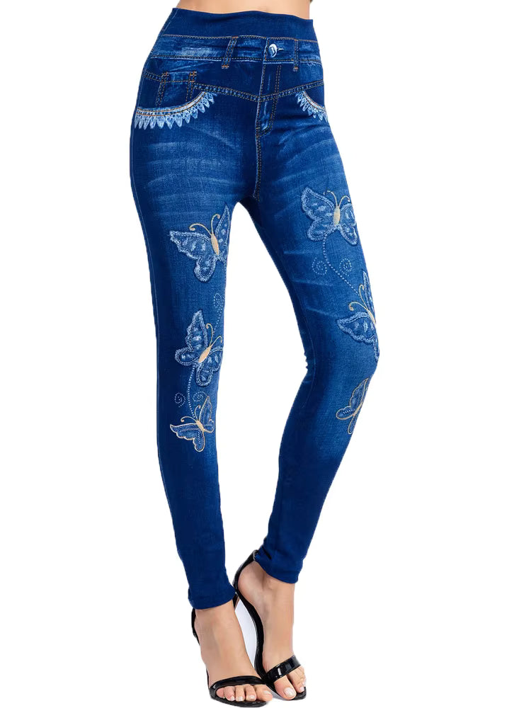 Elegant Pencil Faux Denim High Waist Elastic Butterfly Pritned Leggins Mssza