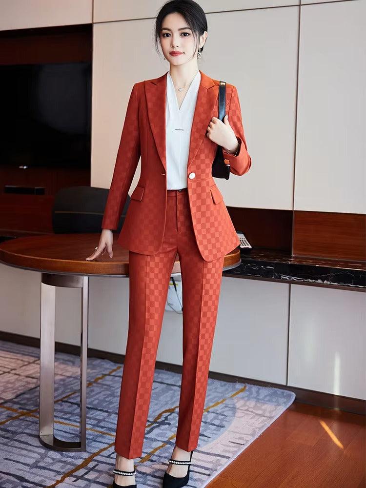 Elegant Plaid Notched Business Work Wear Jacket Blazer pencil pants Formal 2 Piece Pant Suit Mssza