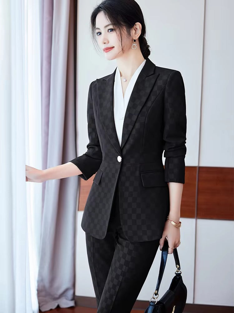 Elegant Plaid Notched Business Work Wear Jacket Blazer pencil pants Formal 2 Piece Pant Suit Mssza