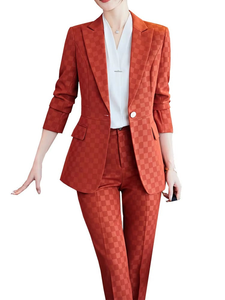 Elegant Plaid Notched Business Work Wear Jacket Blazer pencil pants Formal 2 Piece Pant Suit Mssza