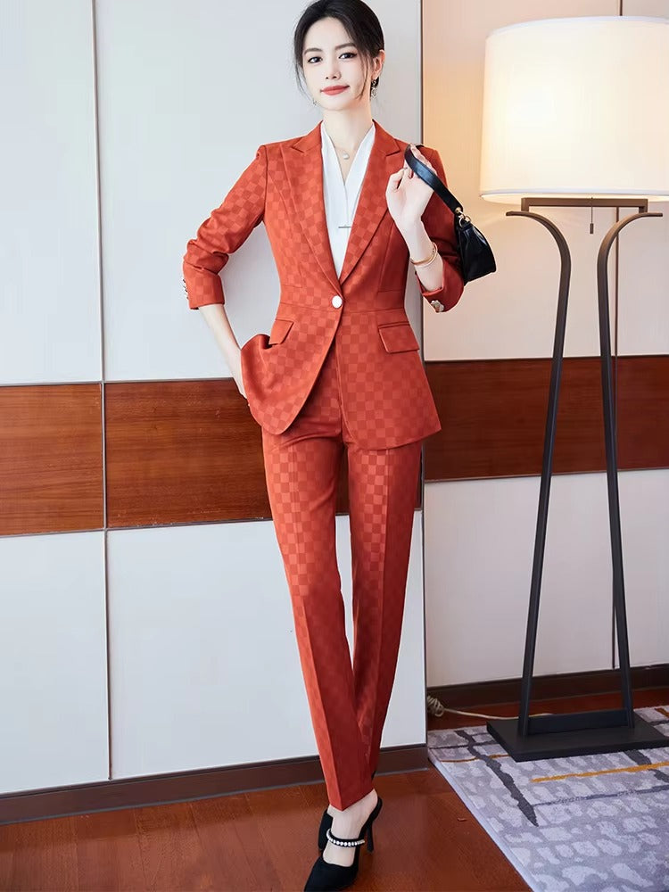 Elegant Plaid Notched Business Work Wear Jacket Blazer pencil pants Formal 2 Piece Pant Suit Mssza