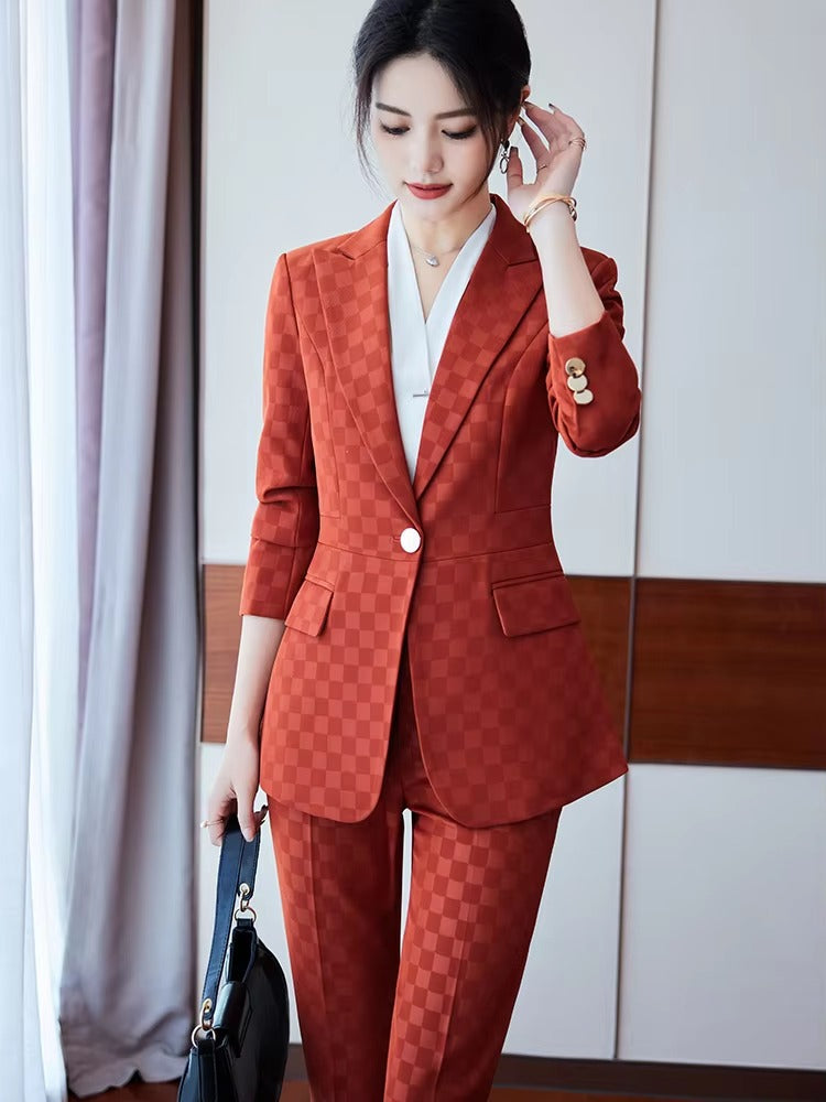 Elegant Plaid Notched Business Work Wear Jacket Blazer pencil pants Formal 2 Piece Pant Suit Mssza