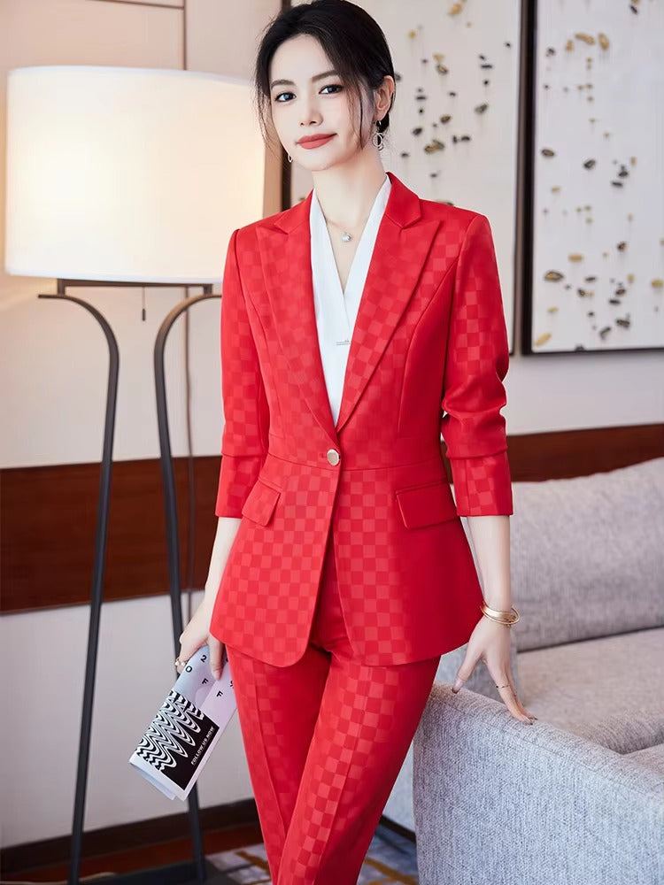 Elegant Plaid Notched Business Work Wear Jacket Blazer pencil pants Formal 2 Piece Pant Suit Mssza