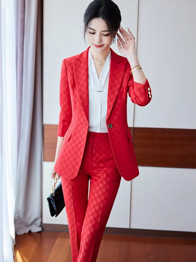 Elegant Plaid Notched Business Work Wear Jacket Blazer pencil pants Formal 2 Piece Pant Suit Mssza