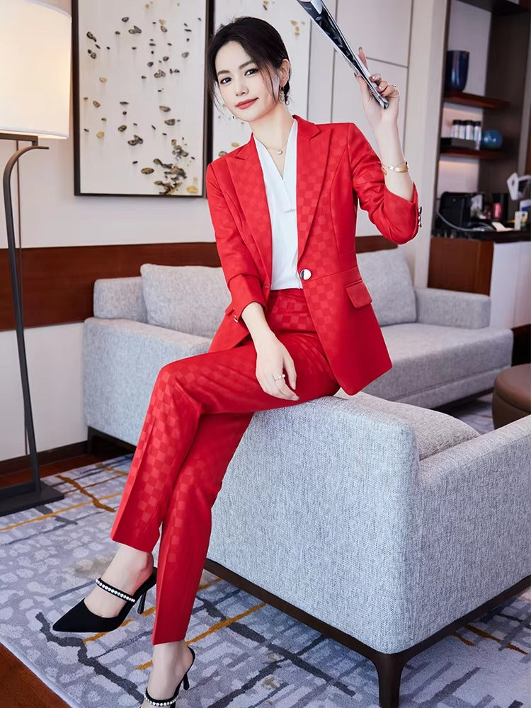 Elegant Plaid Notched Business Work Wear Jacket Blazer pencil pants Formal 2 Piece Pant Suit Mssza