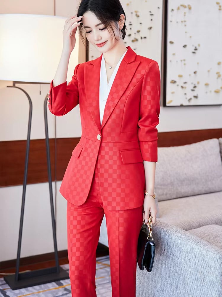 Elegant Plaid Notched Business Work Wear Jacket Blazer pencil pants Formal 2 Piece Pant Suit Mssza