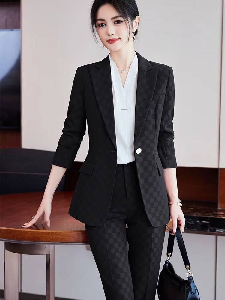 Elegant Plaid Notched Business Work Wear Jacket Blazer pencil pants Formal 2 Piece Pant Suit Mssza